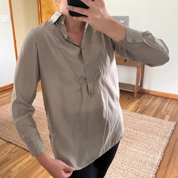 Mes Demoiselles Tops - Mes Demoiselles 100% Silk Green Button Down Classic Designer Shirt Blouse 38